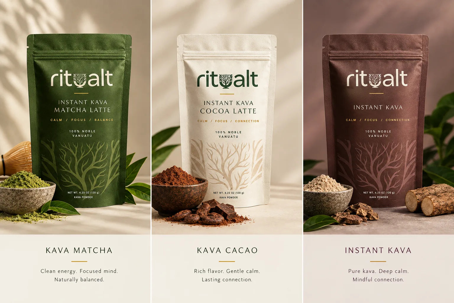 Three Ritualt instant kava pouch concepts: matcha latte, cacao latte, and noble kava, photographed with ingredients.